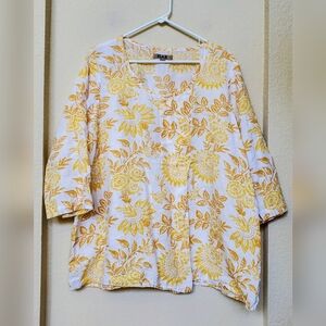 Flax 100% Linen Pullover 3/4 Sleeve Office Wear Top.  Size Large